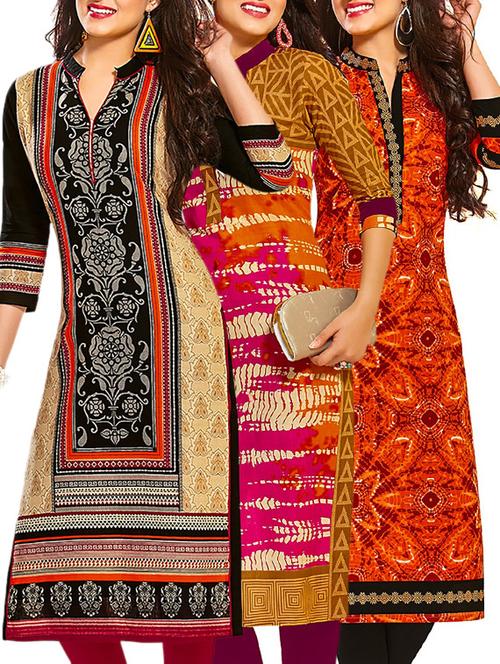 multi colored cotton printed unstitched kurtis (set of 3) - 12522170 - Very Small Image - 1