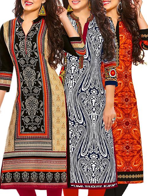 multi coloured cotton printed unstitched kurtas (set of 3) - 12522177 - Very Small Image - 1