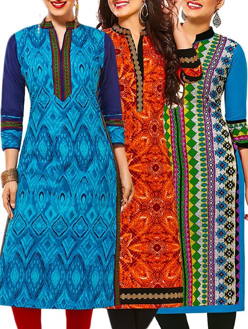 multi coloured cotton printed unstitched kurtas (set of 3) - 12522266 - Very Small Image - 1