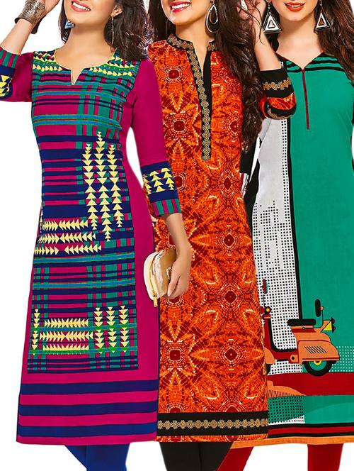 multi colored cotton combos kurti - 12522277 - Very Small Image - 1