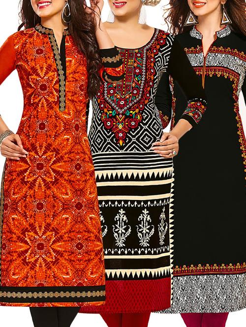 multi colored cotton printed unstitched kurtas (set of 3) - 12522308 - Very Small Image - 1