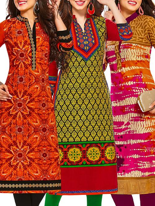 multi coloured cotton printed unstitched kurtas (set of 3) - 12522324 - Very Small Image - 1