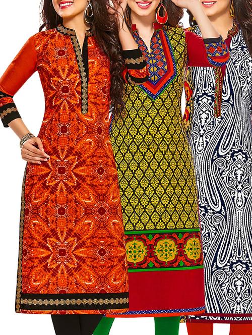 multi colored cotton printed unstitched kurtas (set of 3) - 12522331 - Very Small Image - 1