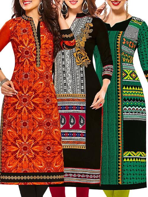 multi colored cotton printed unstitched kurtas (set of 3) - 12522381 - Very Small Image - 1