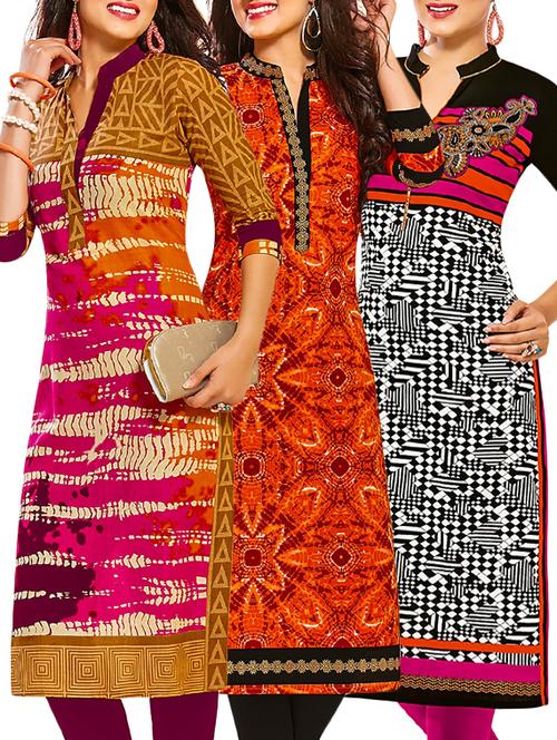 multi colored cotton printed unstitched kurtas (set of 3) - 12522385 - Very Small Image - 1