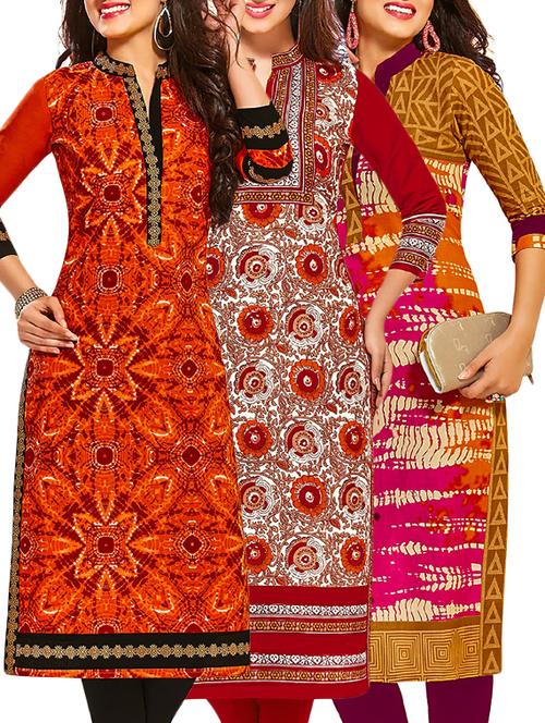 multi colored cotton printed unstitched kurtas (set of 3) - 12522386 - Very Small Image - 1
