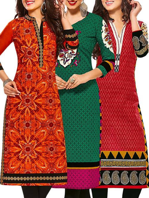 multi coloured cotton printed unstitched kurtas (set of 3) - 12522421 - Very Small Image - 1