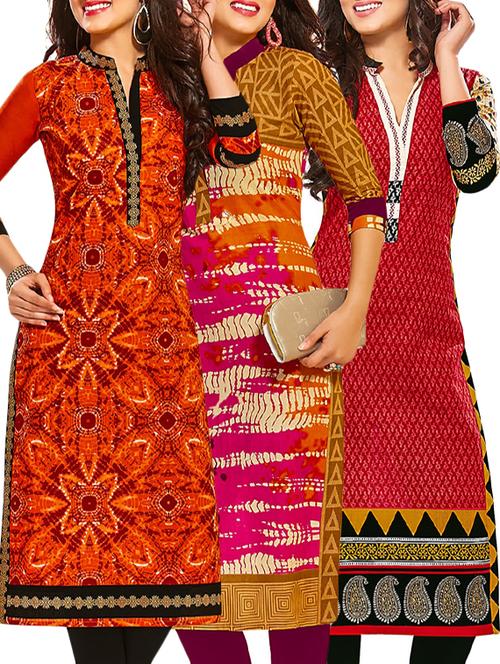 multi coloured cotton printed unstitched kurtas (set of 3) - 12522425 - Very Small Image - 1