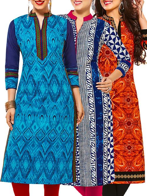 multi coloured cotton printed unstitched kurtas (set of 3) - 12522452 - Very Small Image - 1