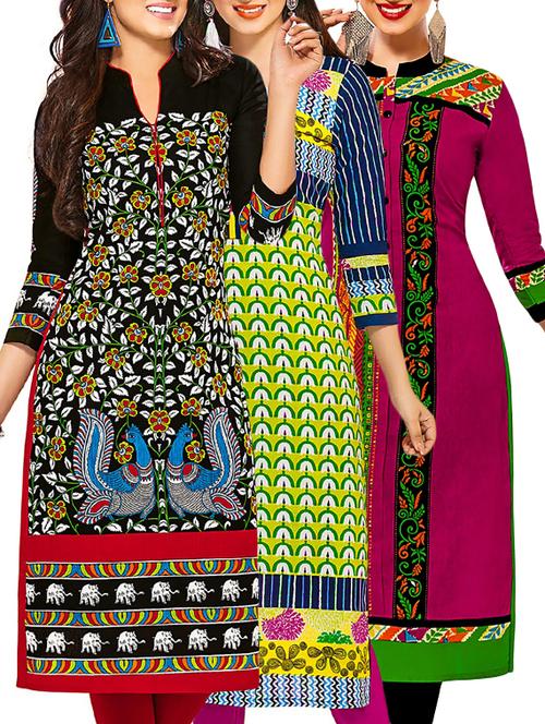 multi coloured cotton printed unstitched kurtas (set of 3) - 12522503 - Very Small Image - 1