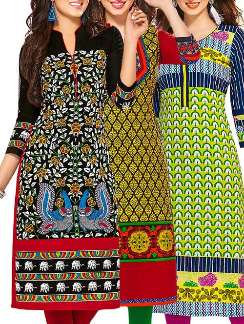 multi coloured cotton printed unstitched kurtas (set of 3) - 12522511 - Very Small Image - 1