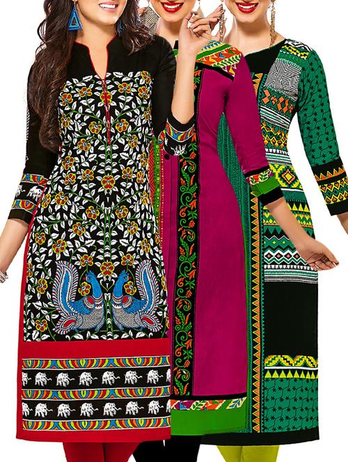 multi coloured cotton printed unstitched kurtas (set of 3) - 12522541 - Very Small Image - 1