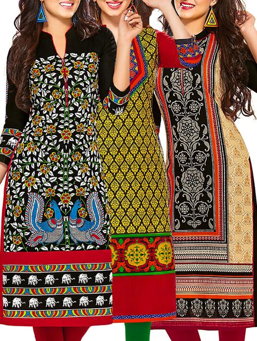 multi colored cotton printed unstitched kurtas (set of 3) - 12522564 - Very Small Image - 1