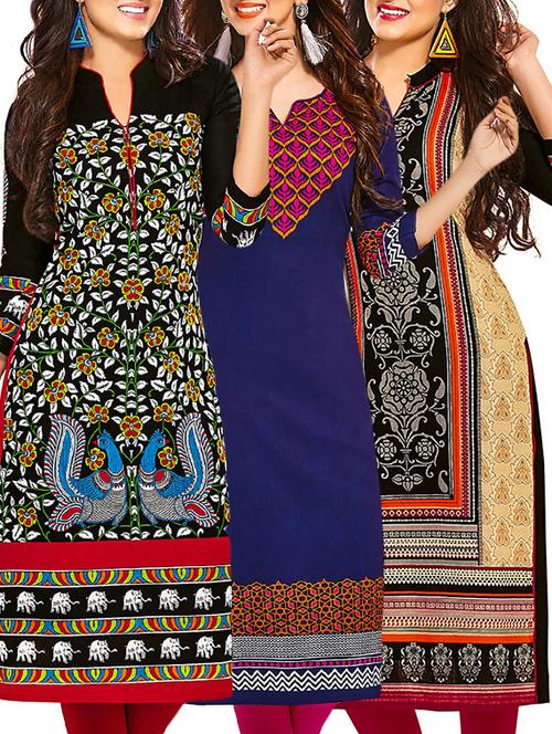multi coloured cotton printed unstitched kurtas (set of 3) - 12522565 - Very Small Image - 1