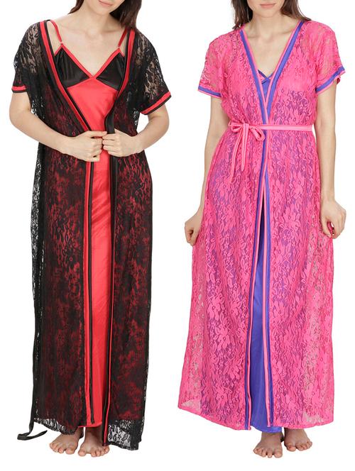 multi colored satin nighty combo - 12525517 - Very Small Image - 1