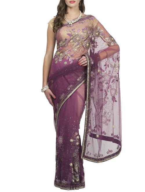 violet net embroidered saree with blouse - 12550162 - Very Small Image - 1