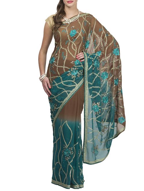 teal and brown georgette embroidered saree with blouse - 12550169 - Very Small Image - 1