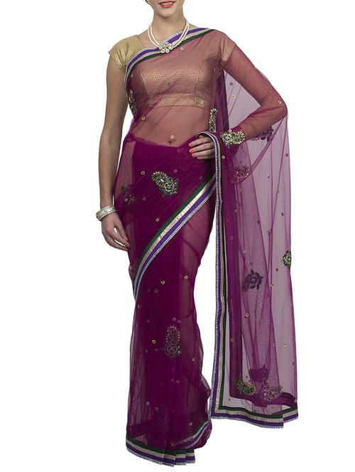 violet net embroidered saree with blouse - 12550175 - Very Small Image - 1