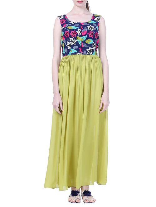 lime floral embroidered georgette sleeveless kurta - 12559071 - Very Small Image - 1