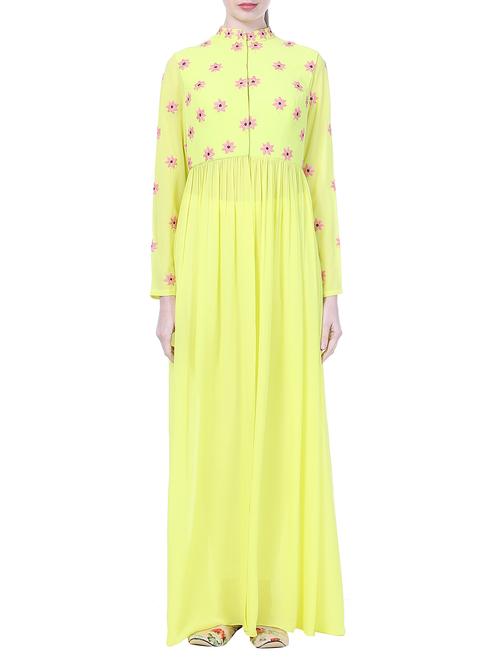 lemon yellow floral embroidered georgette kurta - 12559074 - Very Small Image - 1