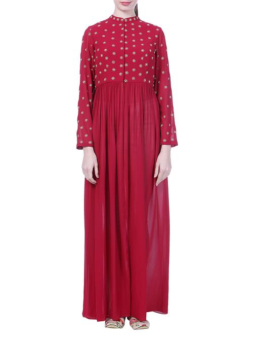 maroon floral embroidered georgette high slit kurta - 12559076 - Very Small Image - 1