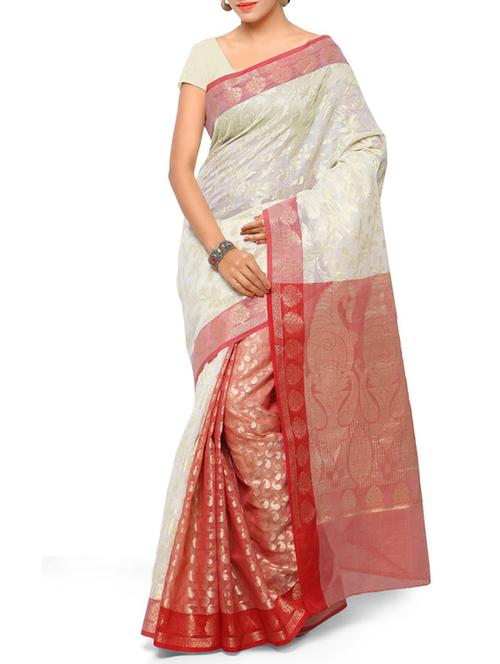 white cotton banarasi saree with blouse - 12559181 - Very Small Image - 1