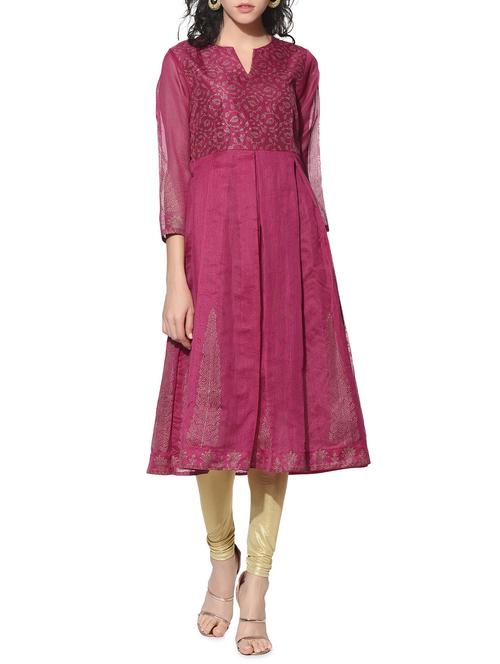 onion pink chanderi pleated block print kurta - 12568627 - Very Small Image - 1