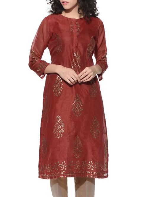 brown chanderi foil print kurta - 12568636 - Very Small Image - 1
