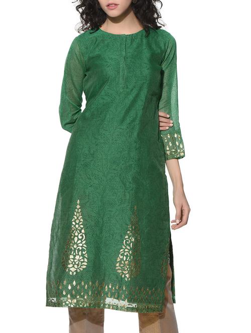 Green chanderi foil print kurta - 12568637 - Very Small Image - 1