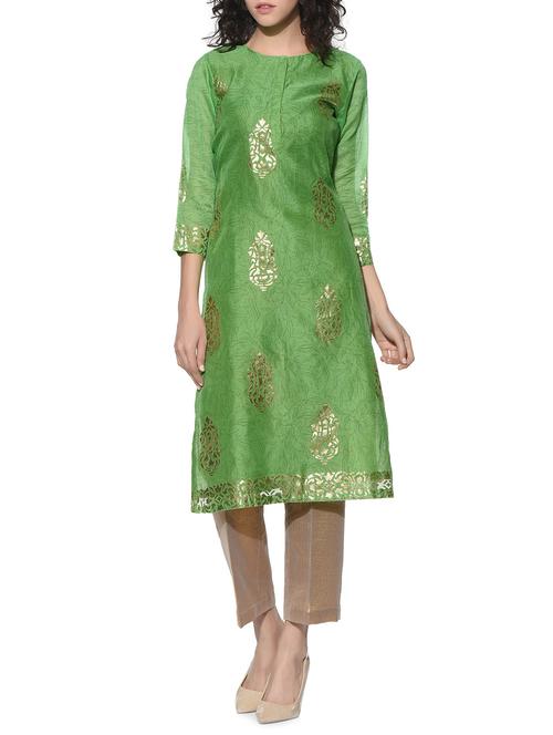 green chanderi foil print kurta - 12568639 - Very Small Image - 1