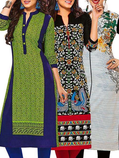 multicolored cotton unstitched kurta (set of 3) - 12570856 - Very Small Image - 1