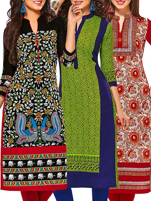 multicolored cotton unstitched kurta (set of 3) - 12570860 - Very Small Image - 1