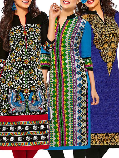 multicolored cotton unstitched kurta (set of 3) - 12570914 - Very Small Image - 1
