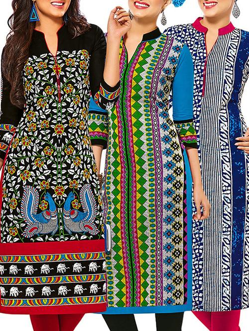 multicolored cotton unstitched kurta (set of 3) - 12570919 - Very Small Image - 1