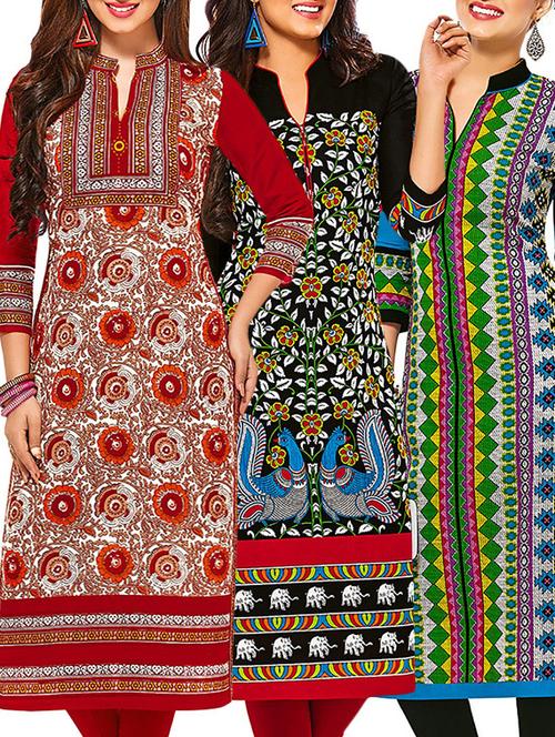 multicolored cotton unstitched kurta (set of 3) - 12570929 - Very Small Image - 1