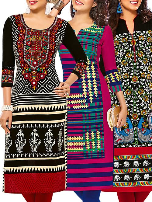 multicolored cotton unstitched kurta (set of 3) - 12570948 - Very Small Image - 1