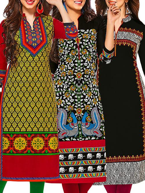multicolored cotton printed unstitched kurtas (set of 3) - 12570953 - Very Small Image - 1