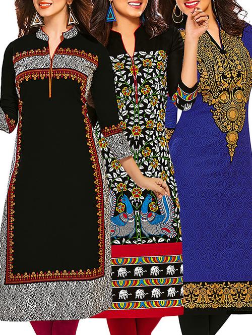 multicolored cotton unstitched kurta (set of 3) - 12570955 - Very Small Image - 1
