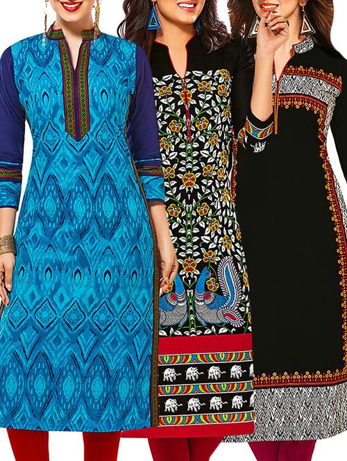 multicolored cotton printed unstitched kurtas (set of 3) - 12570967 - Very Small Image - 1
