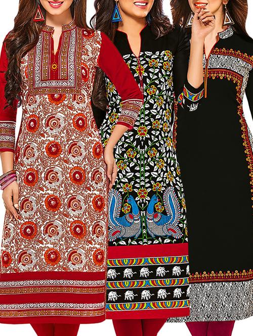 multicolored cotton printed unstitched kurta (set of 3) - 12570970 - Very Small Image - 1