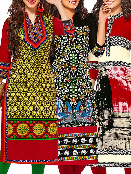 multicolored cotton printed unstitched kurtas (set of 3) - 12570981 - Very Small Image - 1