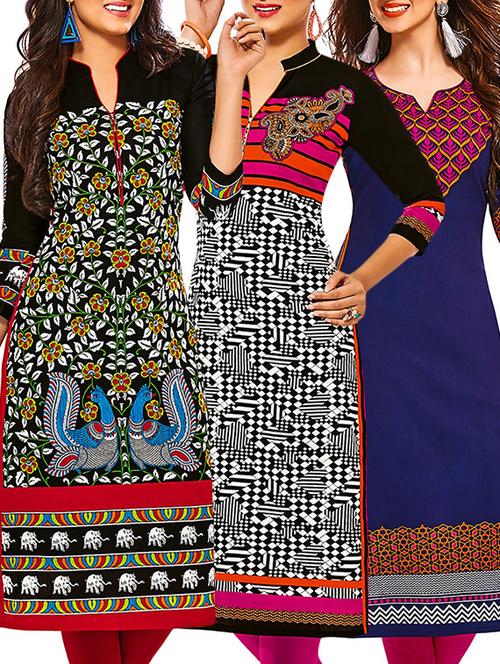 multicolored cotton printed unstitched kurtas (set of 3) - 12571006 - Very Small Image - 1