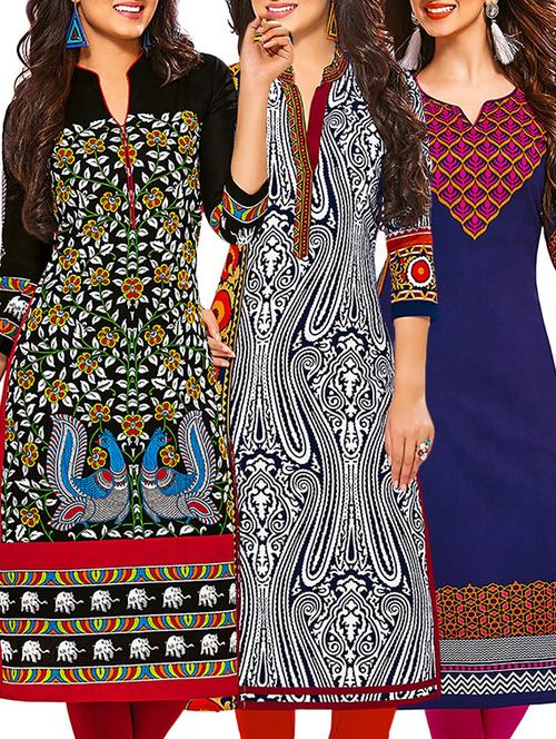 multicolored cotton unstitched kurta (set of 3) - 12571009 - Very Small Image - 1