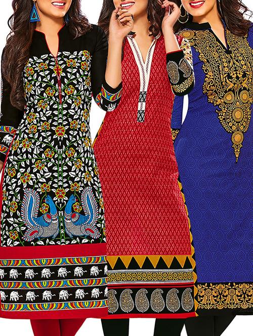 multicolored cotton printed unstitched kurtas (set of 3) - 12571012 - Very Small Image - 1