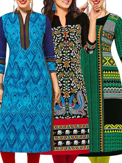 multicolored cotton printed unstitched kurtas (set of 3) - 12571037 - Very Small Image - 1
