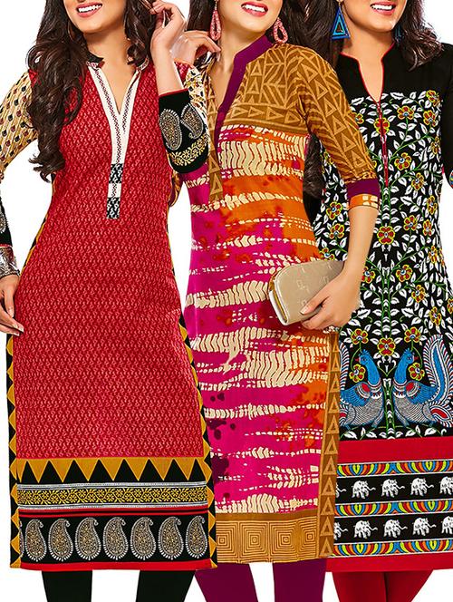 multicolored cotton unstitched kurta (set of 3) - 12571064 - Very Small Image - 1