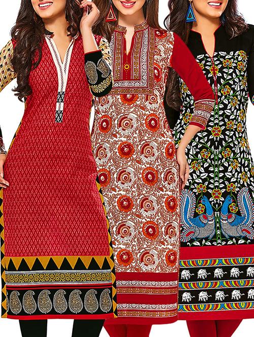multicolored cotton printed unstitched kurtas (set of 3) - 12571069 - Very Small Image - 1