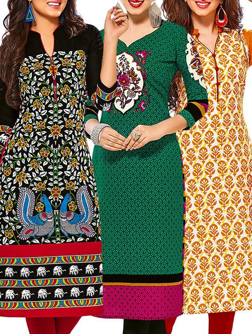 multicolored cotton unstitched kurta (set of 3) - 12571073 - Very Small Image - 1