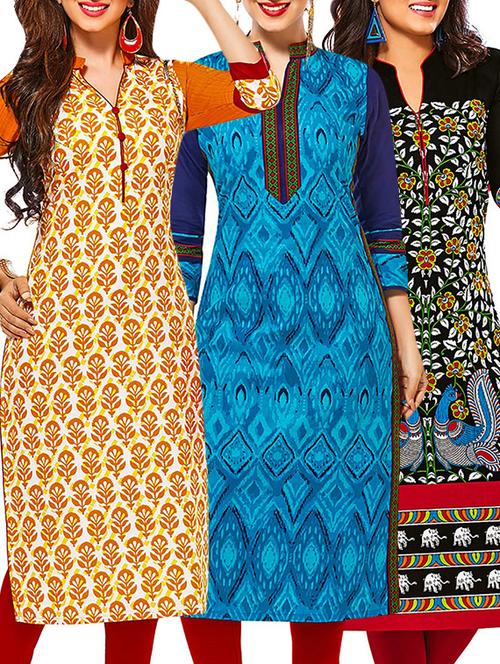 multicolored cotton unstitched kurta (set of 3) - 12571079 - Very Small Image - 1