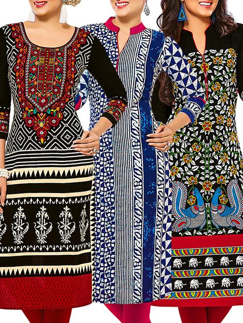 multicolored cotton printed unstitched kurtas (set of 3) - 12571092 - Very Small Image - 1